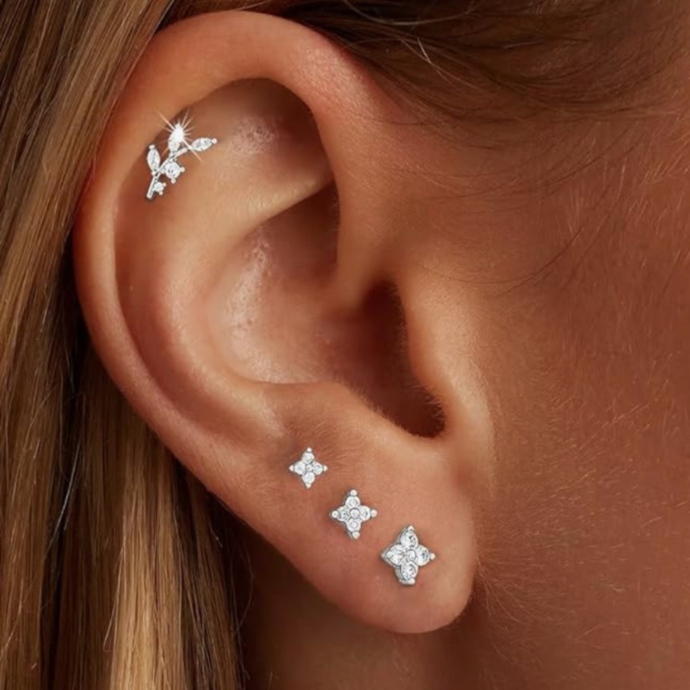 Sterling Silver Plated 925 Stackable Flower Studs with CZ Stones NIB